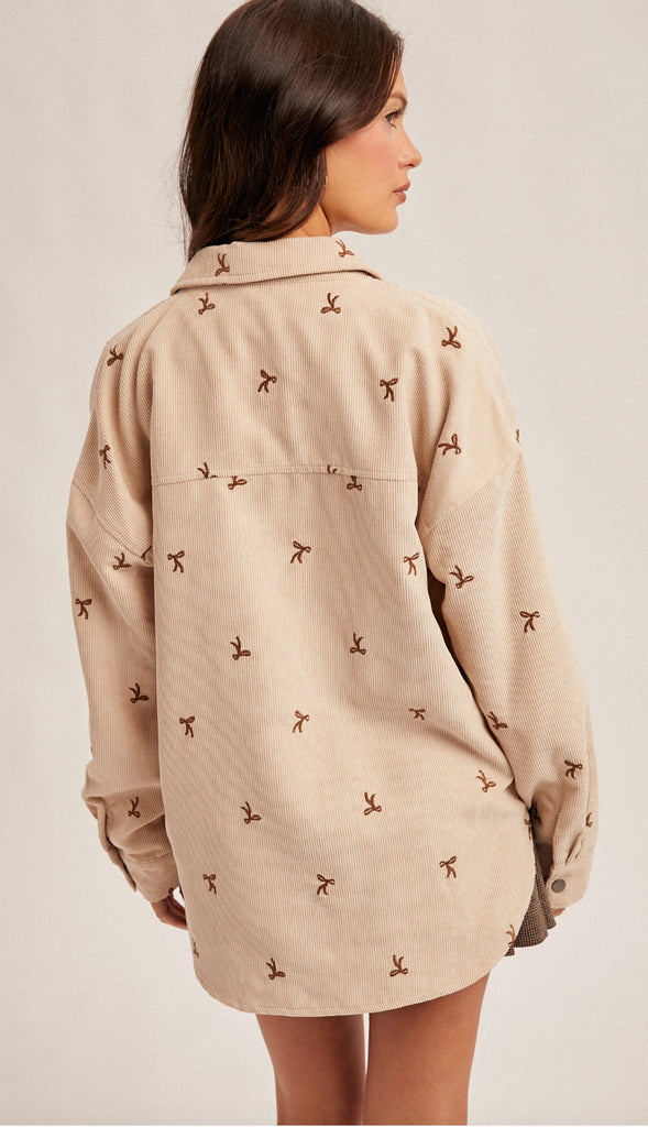 Bow Embroidery Corduroy Shirt- Ecru
