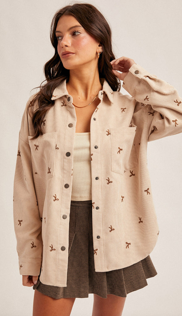 Bow Embroidery Corduroy Shirt- Ecru
