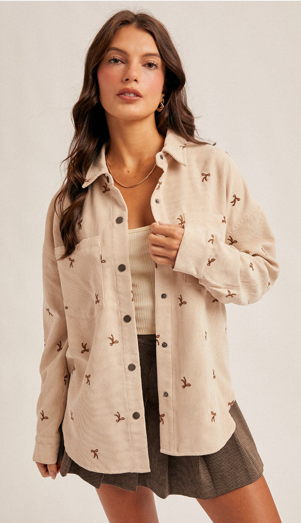 Bow Embroidery Corduroy Shirt- Ecru