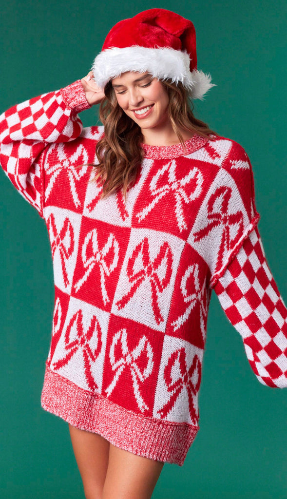 Put A Bow On It Checker Oversized Sweater- Red