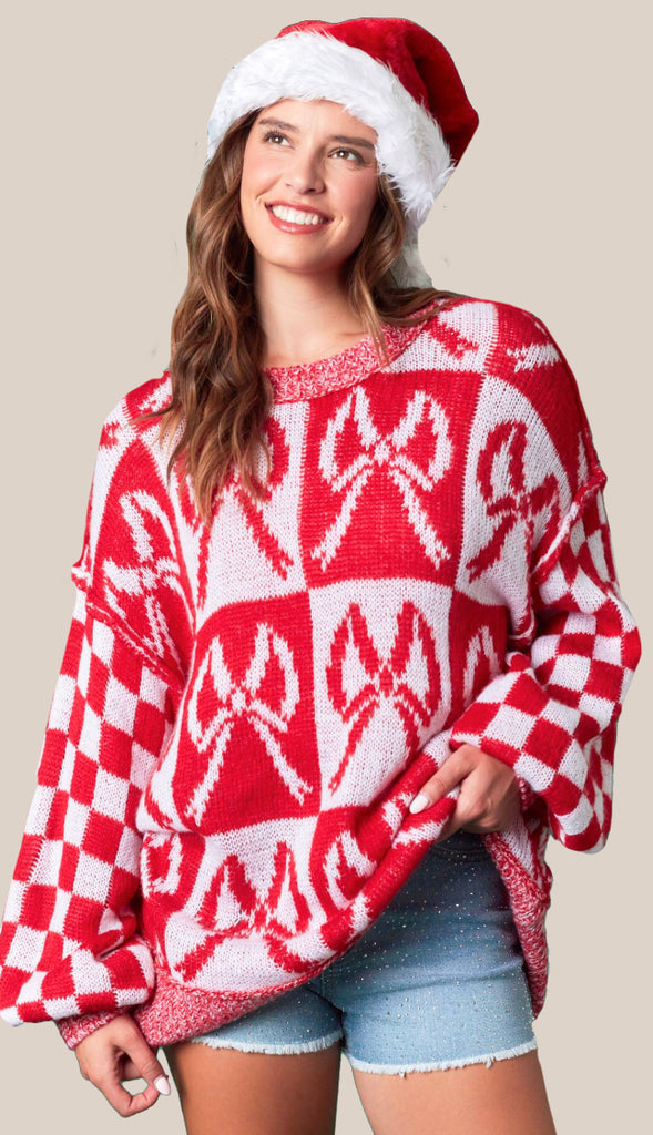 Put A Bow On It Checker Oversized Sweater- Red