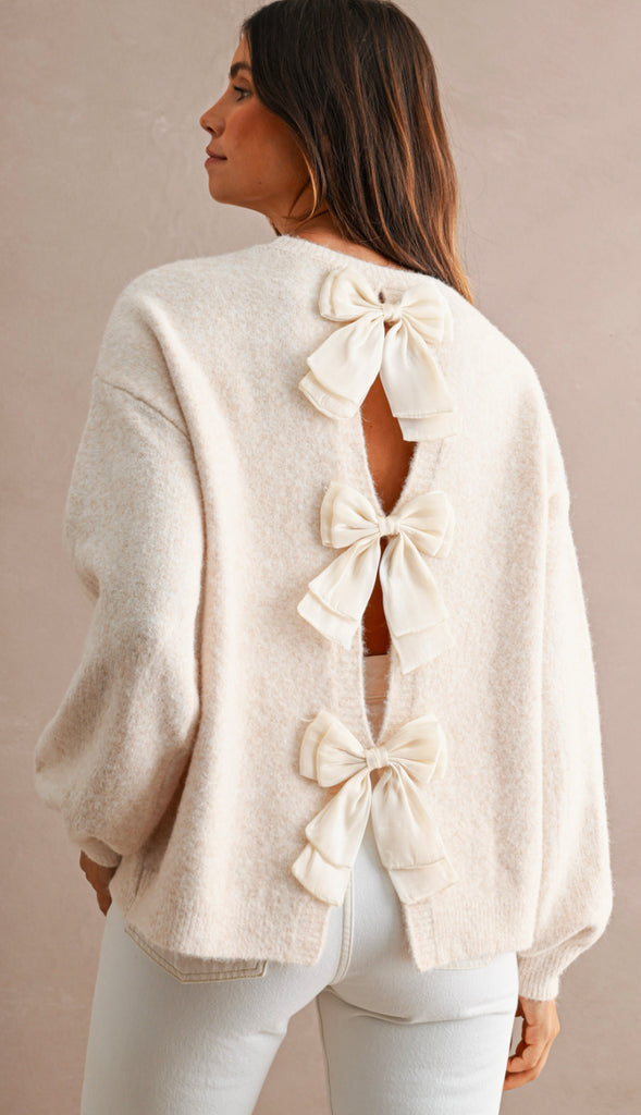 Three Bows Open Back Sweater- Oatmeal