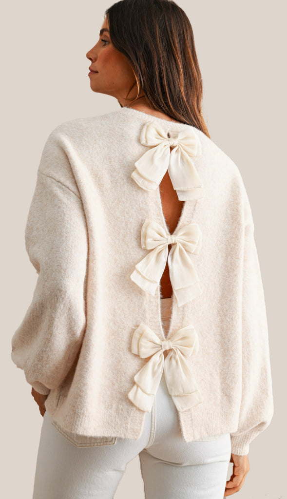 Three Bows Open Back Sweater- Heather Grey