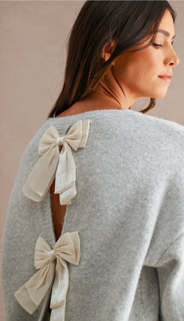 Three Bows Open Back Sweater- Heather Grey