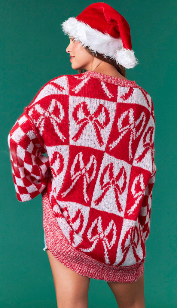 Put A Bow On It Checker Oversized Sweater- Red