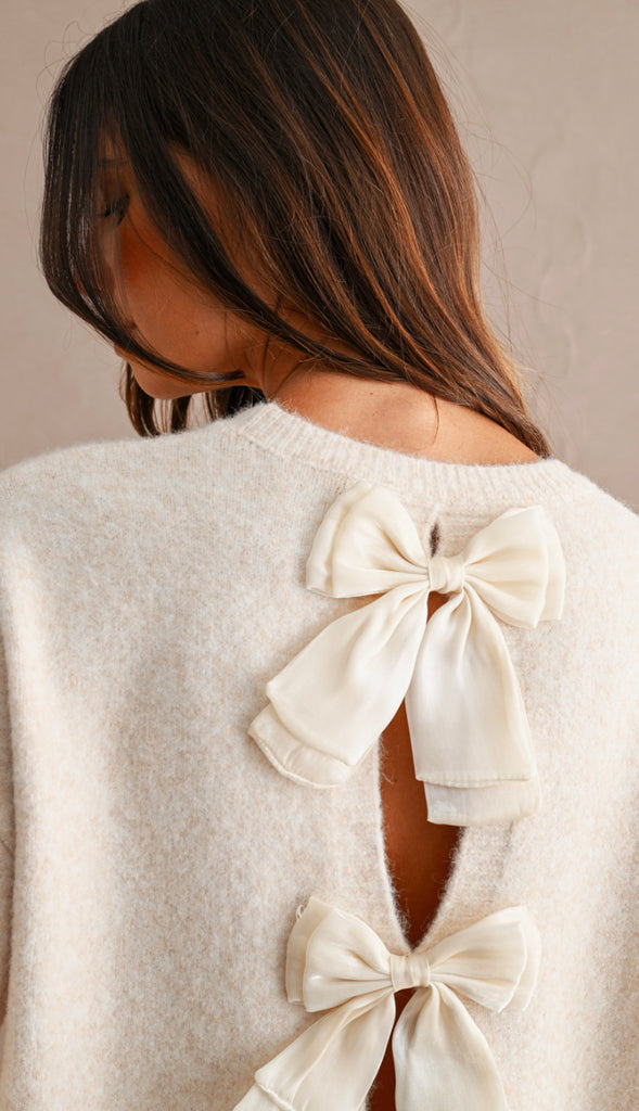 Three Bows Open Back Sweater- Oatmeal