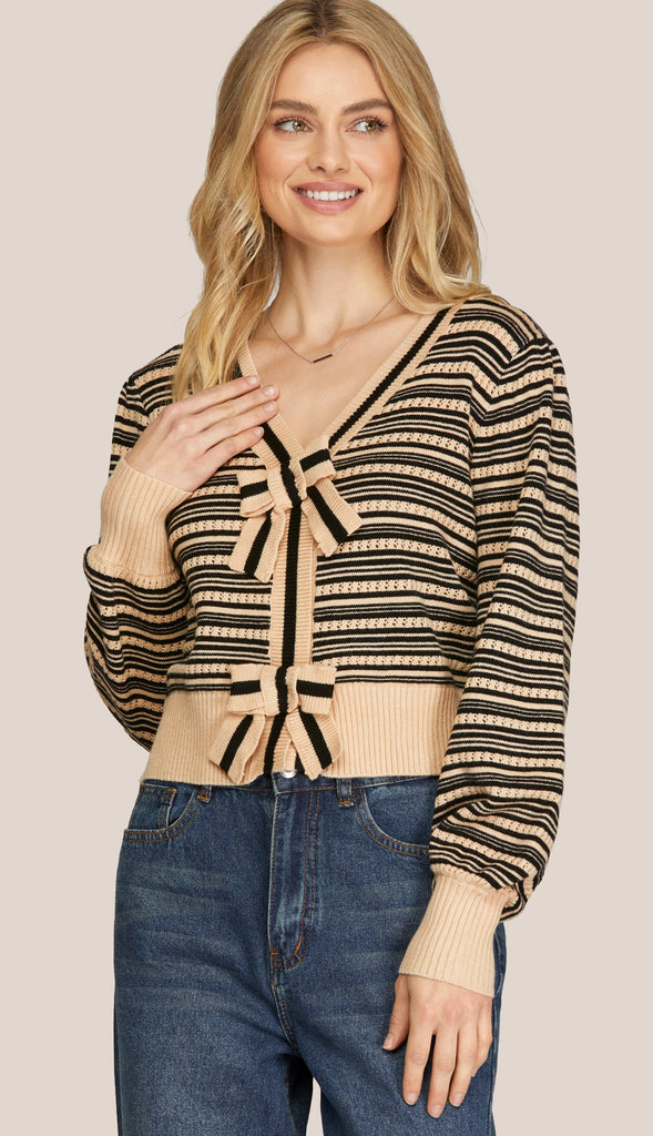 Margot Ribbon Button Cardigan Sweater- Black