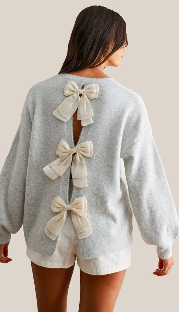 Three Bows Open Back Sweater- Oatmeal