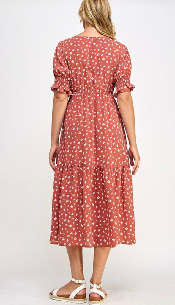 Amber Floral Print Elastic Waistline Dress- Brick