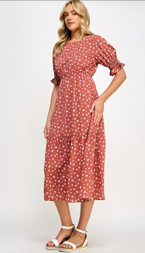 Amber Floral Print Elastic Waistline Dress- Brick