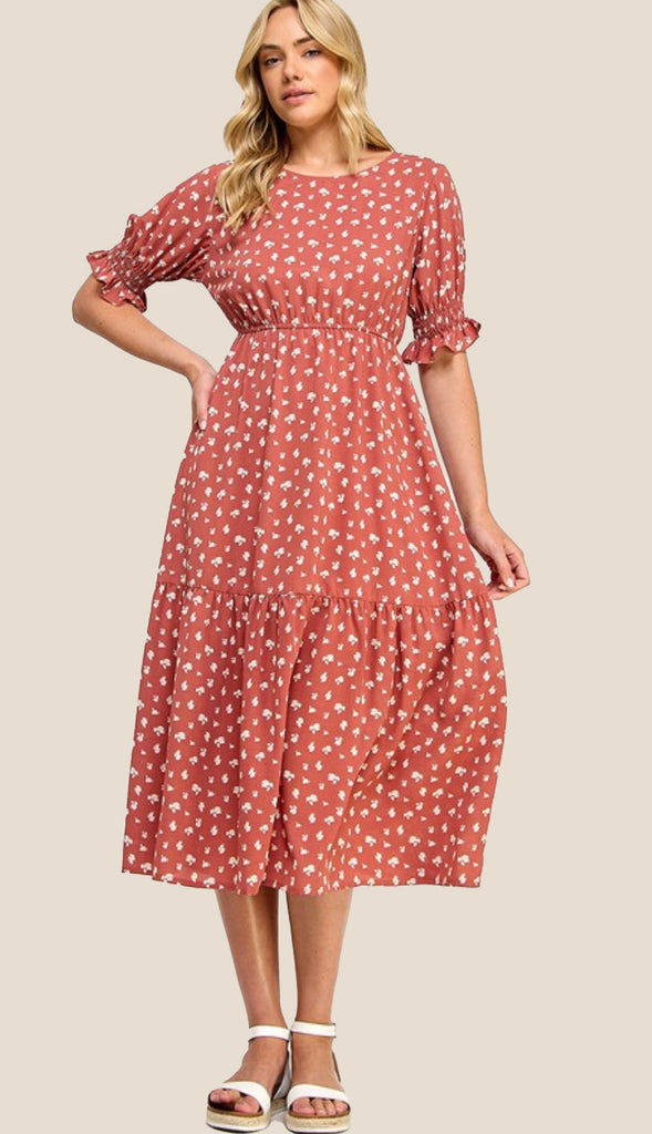 Amber Floral Print Elastic Waistline Dress- Brick