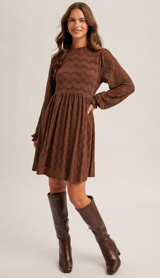 Scarlett Ruffle Neck Lace Dress- Mocha