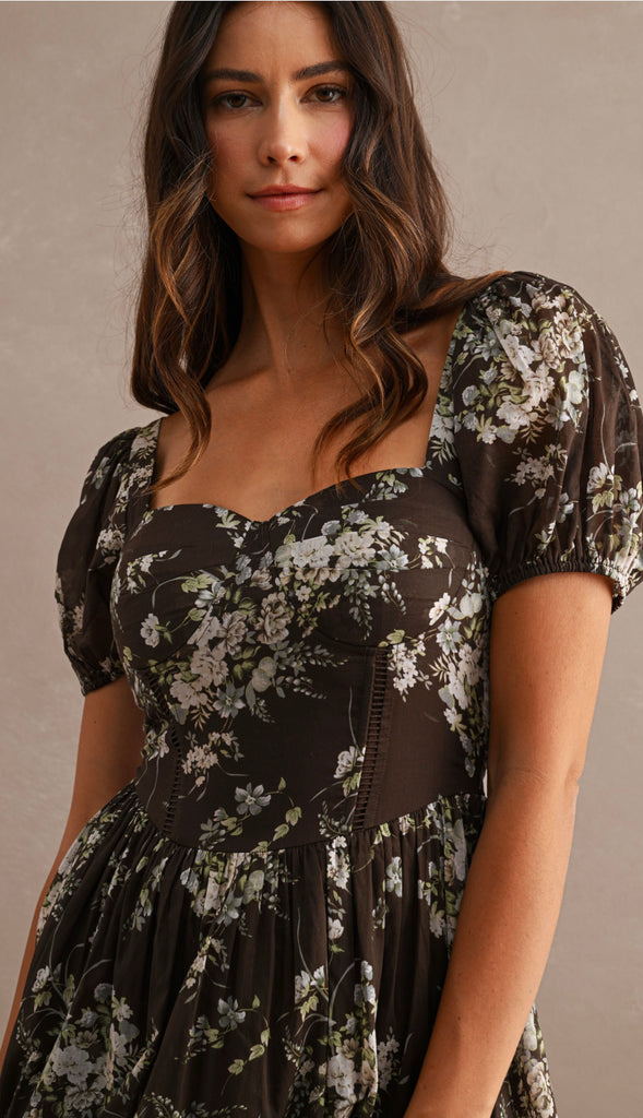 Fall Awaits Floral Print Short Puff Sleeve Sweetheart Neck Midi Dress- Brown