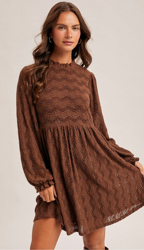 Scarlett Ruffle Neck Lace Dress- Mocha