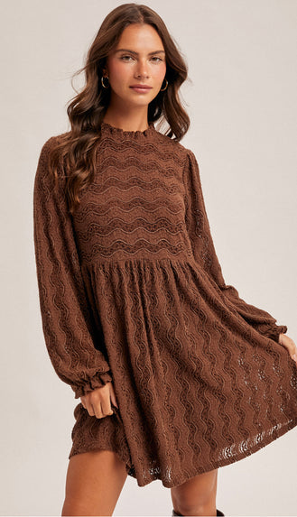 Scarlett Ruffle Neck Lace Dress- Mocha