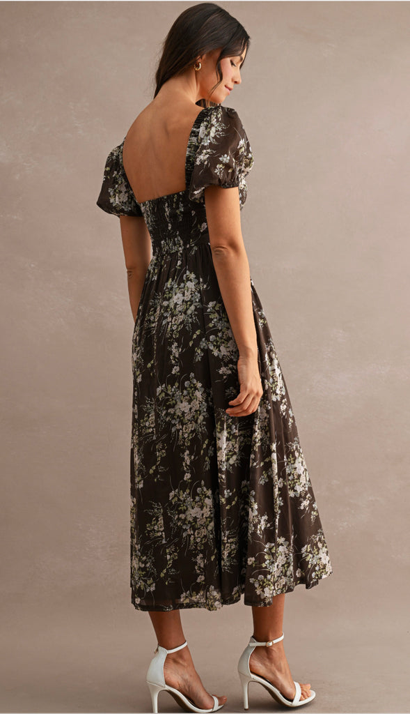 Fall Awaits Floral Print Short Puff Sleeve Sweetheart Neck Midi Dress- Brown