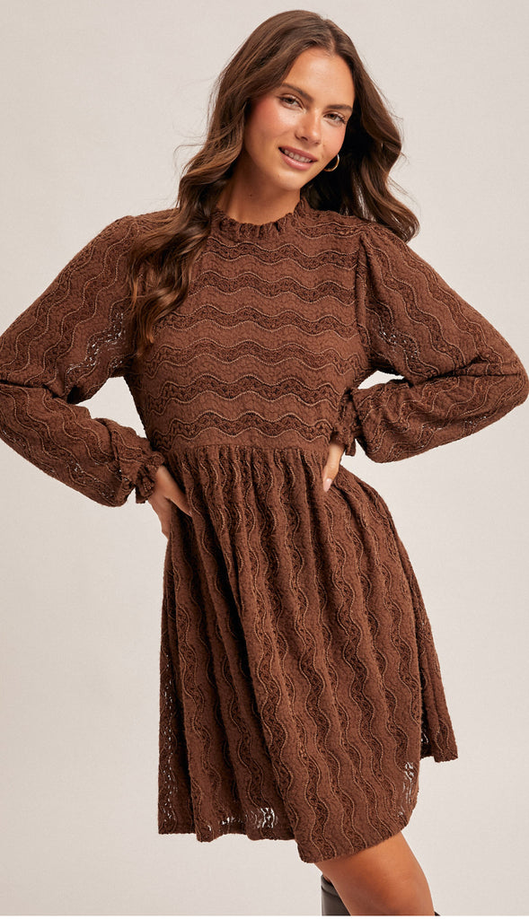 Scarlett Ruffle Neck Lace Dress- Mocha