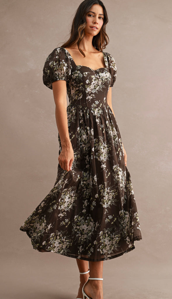 Fall Awaits Floral Print Short Puff Sleeve Sweetheart Neck Midi Dress- Brown