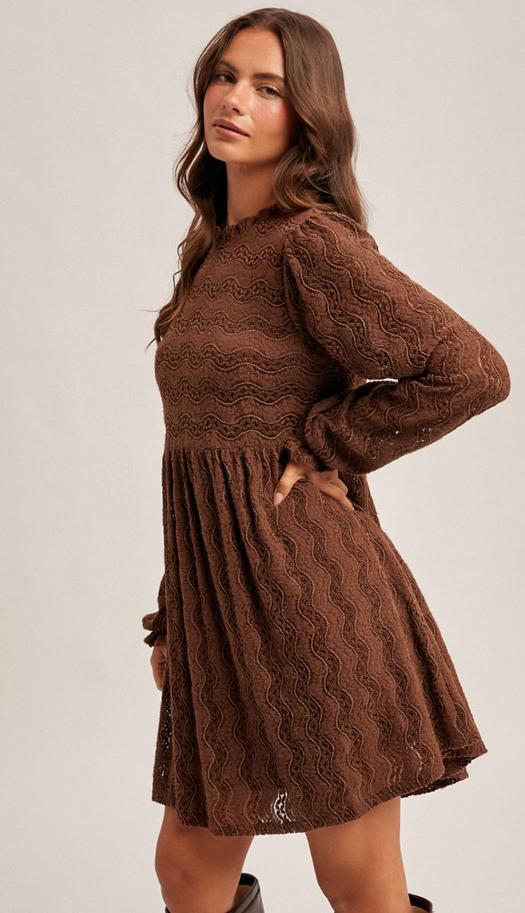 Scarlett Ruffle Neck Lace Dress- Mocha