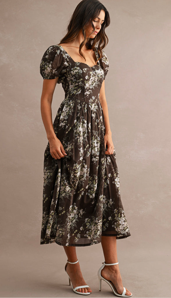 Fall Awaits Floral Print Short Puff Sleeve Sweetheart Neck Midi Dress- Brown