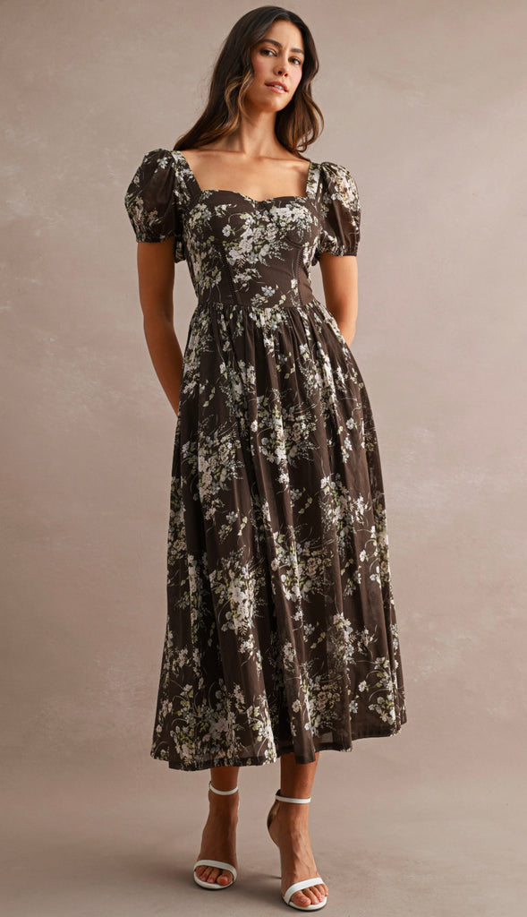 Fall Awaits Floral Print Short Puff Sleeve Sweetheart Neck Midi Dress- Brown