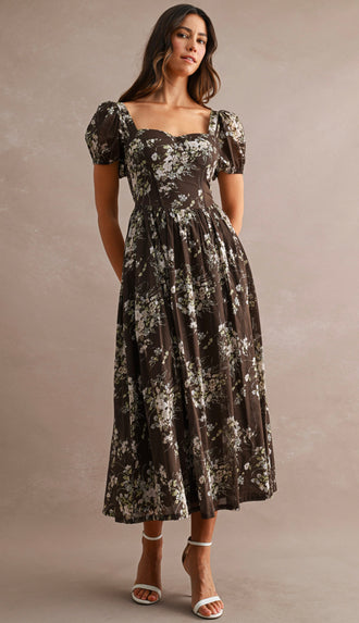 Fall Awaits Floral Print Short Puff Sleeve Sweetheart Neck Midi Dress- Brown