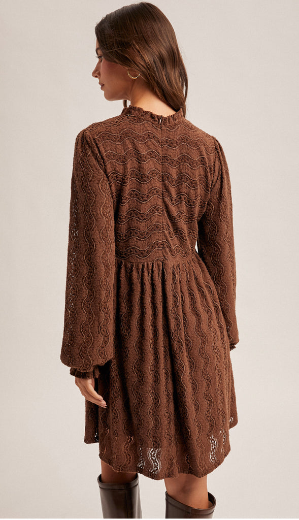 Scarlett Ruffle Neck Lace Dress- Mocha
