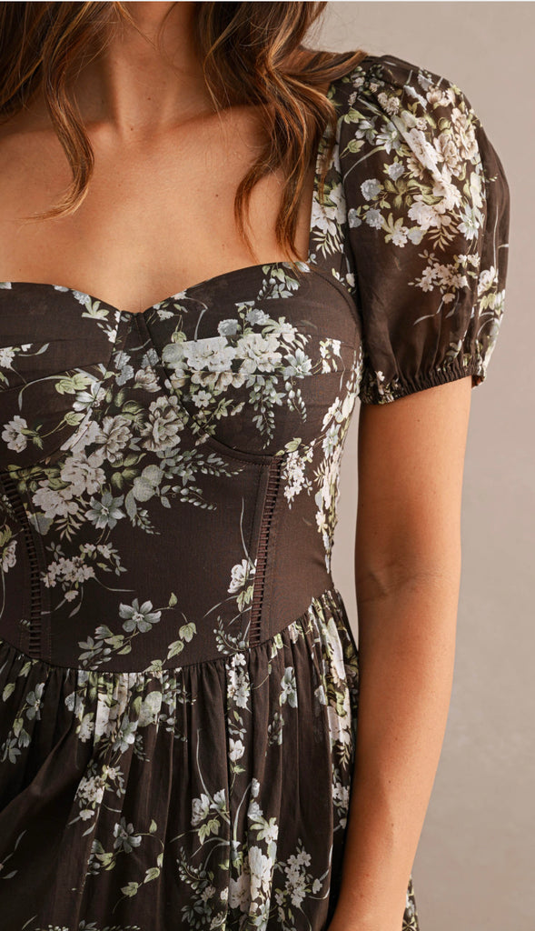 Fall Awaits Floral Print Short Puff Sleeve Sweetheart Neck Midi Dress- Brown