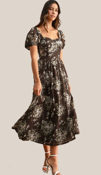 Fall Awaits Floral Print Short Puff Sleeve Sweetheart Neck Midi Dress- Brown