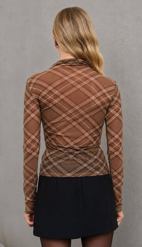 Betsy Plaid Mesh Mock Neck Top- Brown Multi