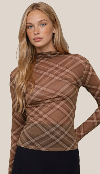 Betsy Plaid Mesh Mock Neck Top- Brown Multi