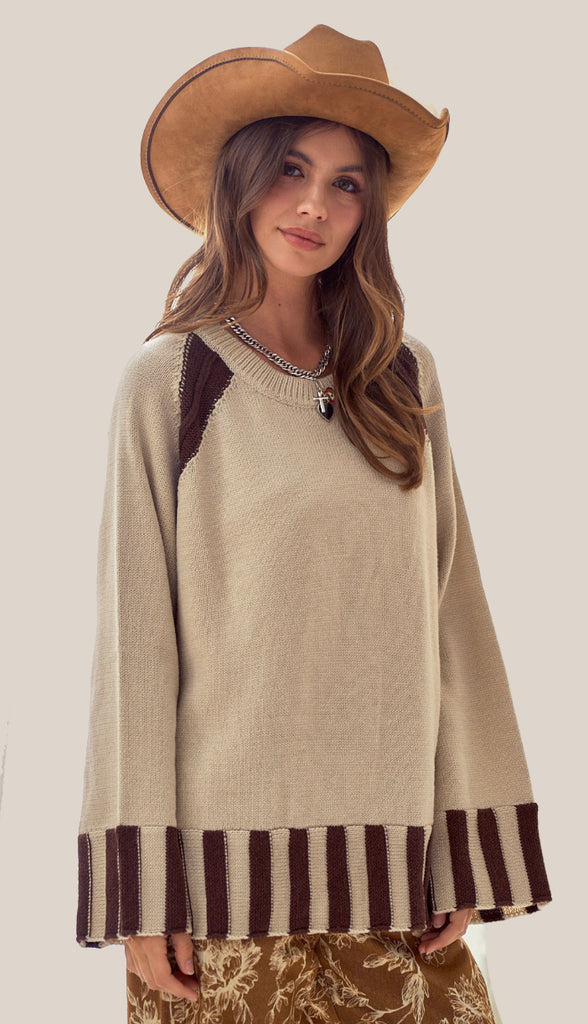 Alaina Bell Sleeve Stripe Sweater- Latte