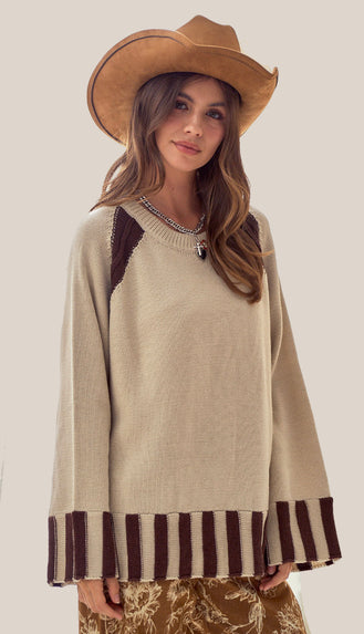 Alaina Bell Sleeve Stripe Sweater- Latte