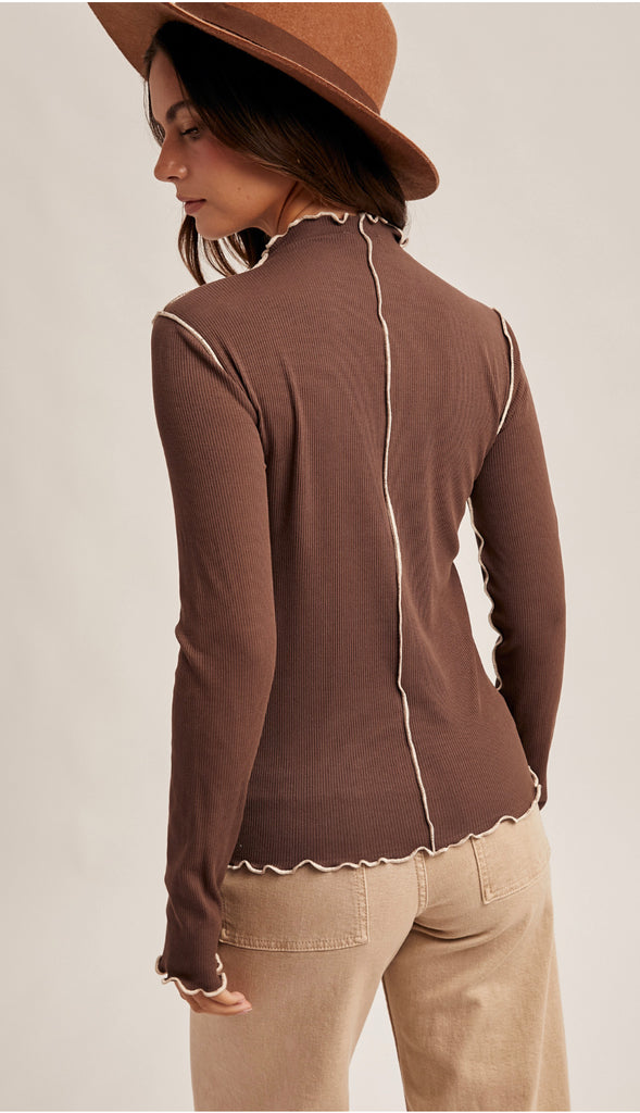 Hazel Cabbage Hem Mock Neck Rib Long Sleeve- Coffee