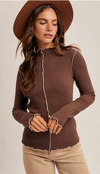 Hazel Cabbage Hem Mock Neck Rib Long Sleeve- Coffee
