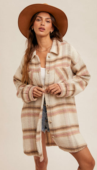 Spencer Brushed Plaid Long Shacket-Ecru/Pink