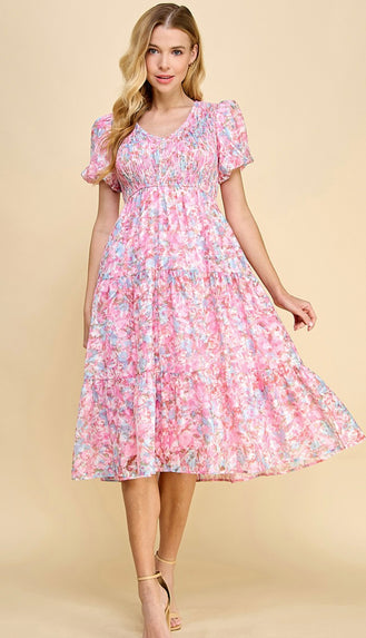 Showered With Love Bubble Sleeve Midi Dress- Pink