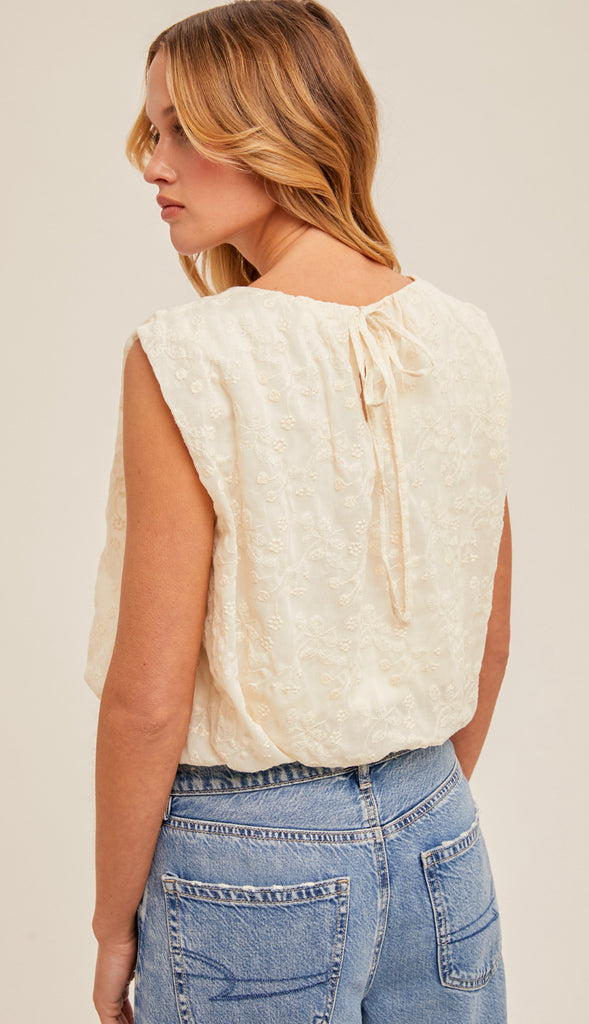 Abigail Embroidery Linen Bubble Tank- Natural
