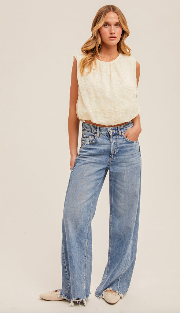 Abigail Embroidery Linen Bubble Tank- Natural