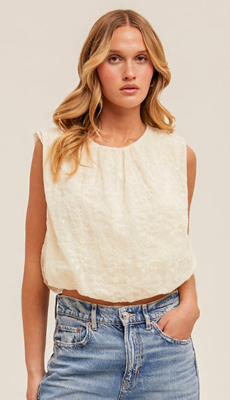 Abigail Embroidery Linen Bubble Tank- Natural