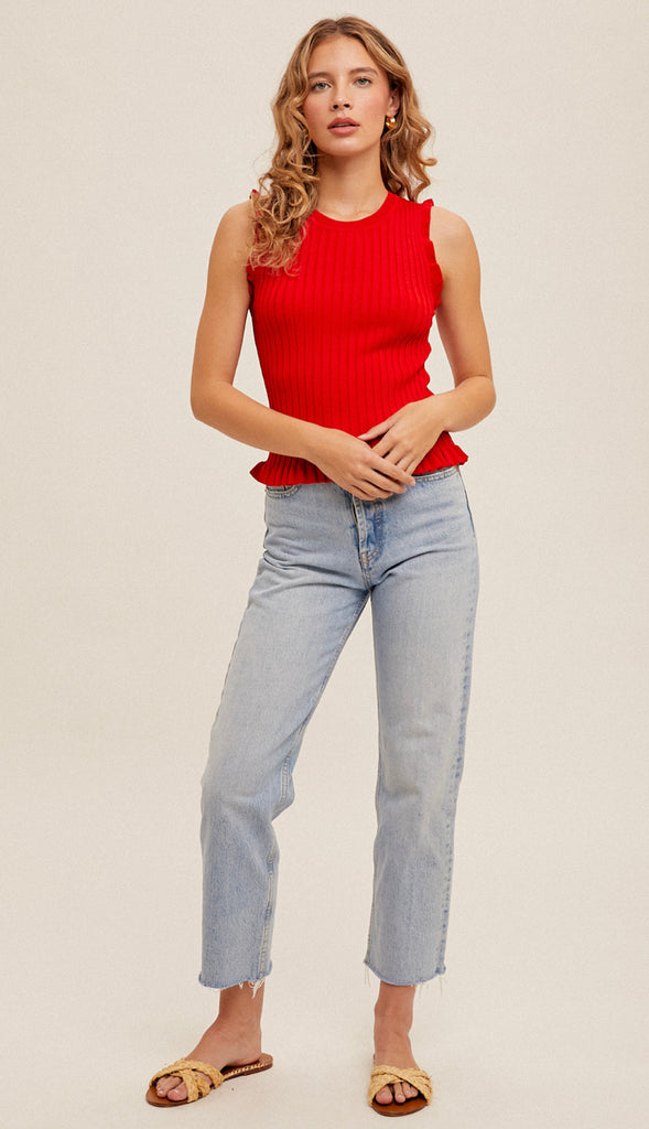 Ribbed Frill Tank- Tomato
