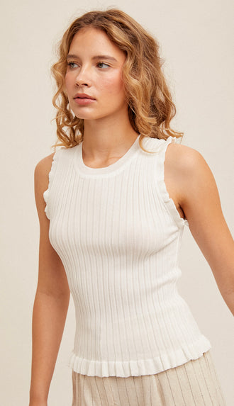 Ribbed Frill Tank- Off White