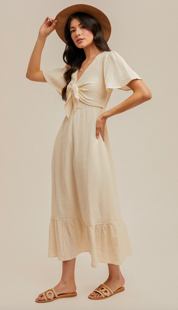 Matilda Bust Knot Midi Dress- Buttercream
