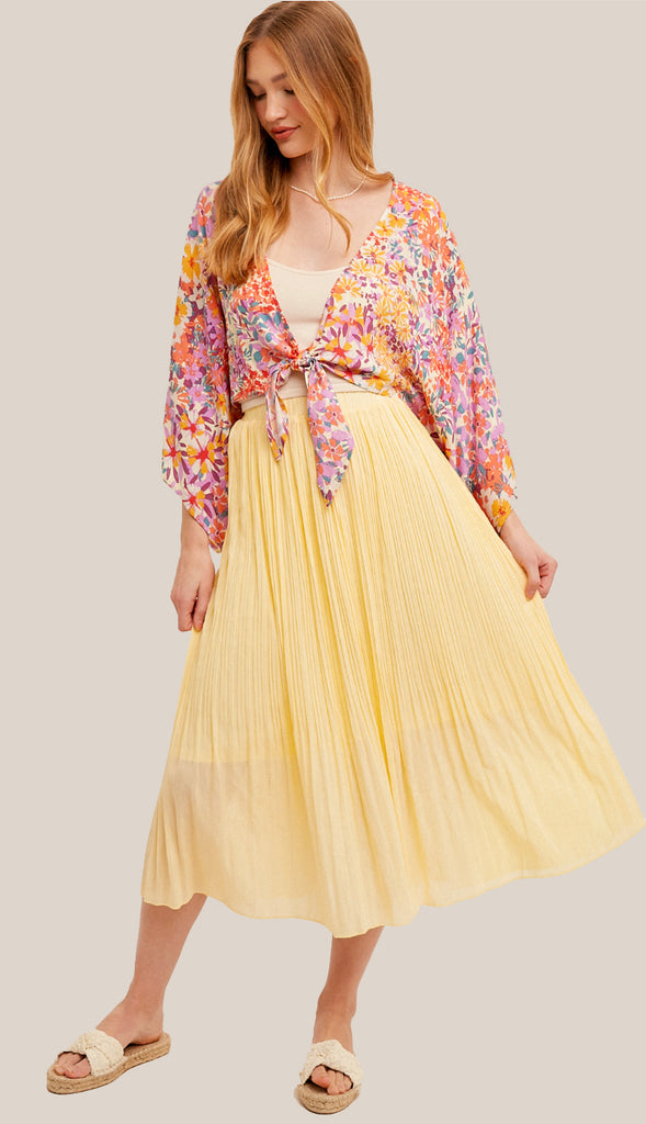 Sunny Mornings Elastic Waist Pleated Midi Skirt- Butter