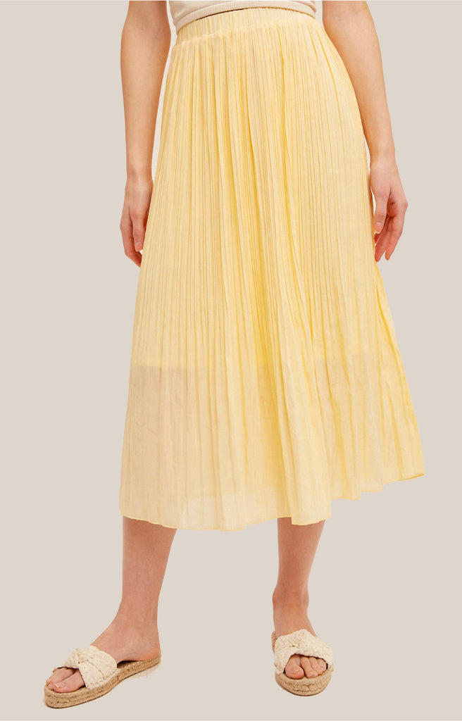 Sunny Mornings Elastic Waist Pleated Midi Skirt- Butter