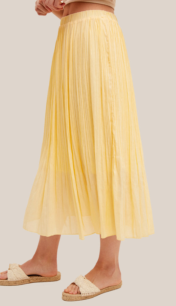 Sunny Mornings Elastic Waist Pleated Midi Skirt- Butter