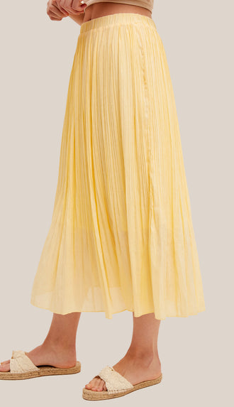 Sunny Mornings Elastic Waist Pleated Midi Skirt- Butter