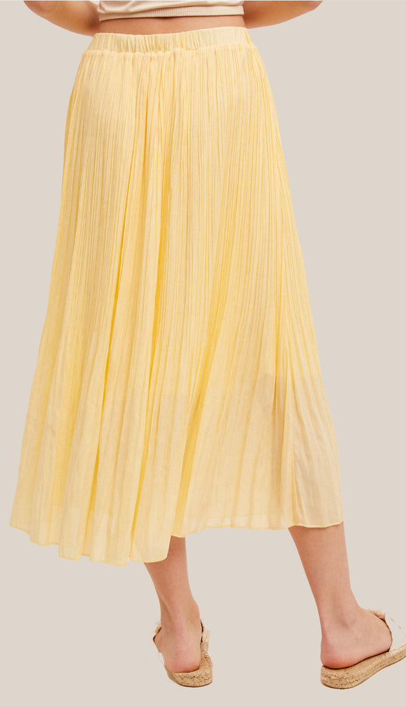 Sunny Mornings Elastic Waist Pleated Midi Skirt- Butter
