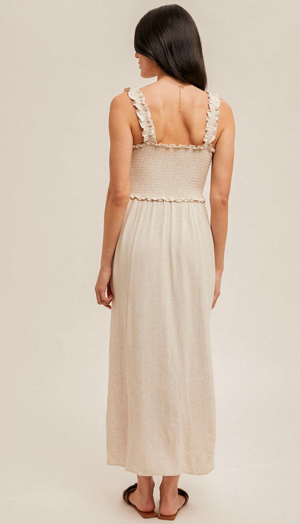 Cypress Smocked Button Front Midi Dress- Oatmeal