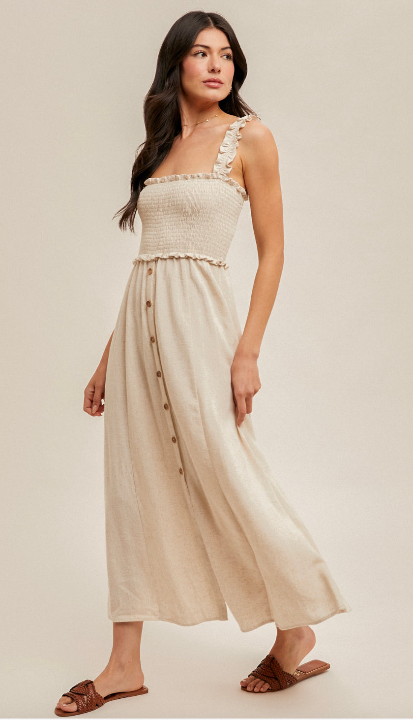 Cypress Smocked Button Front Midi Dress- Oatmeal
